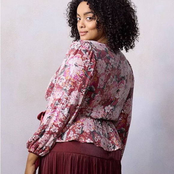 NEW LC Lauren Conrad Sequin Puff Sleeve Wrap Top - Picture 2 of 8